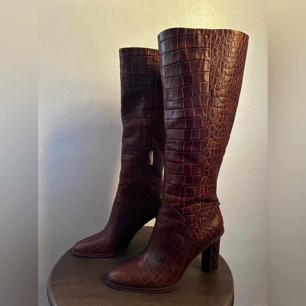 Vince Camuto Dark Brown Croc-Embossed Knee Boots - Picture 3 of 5